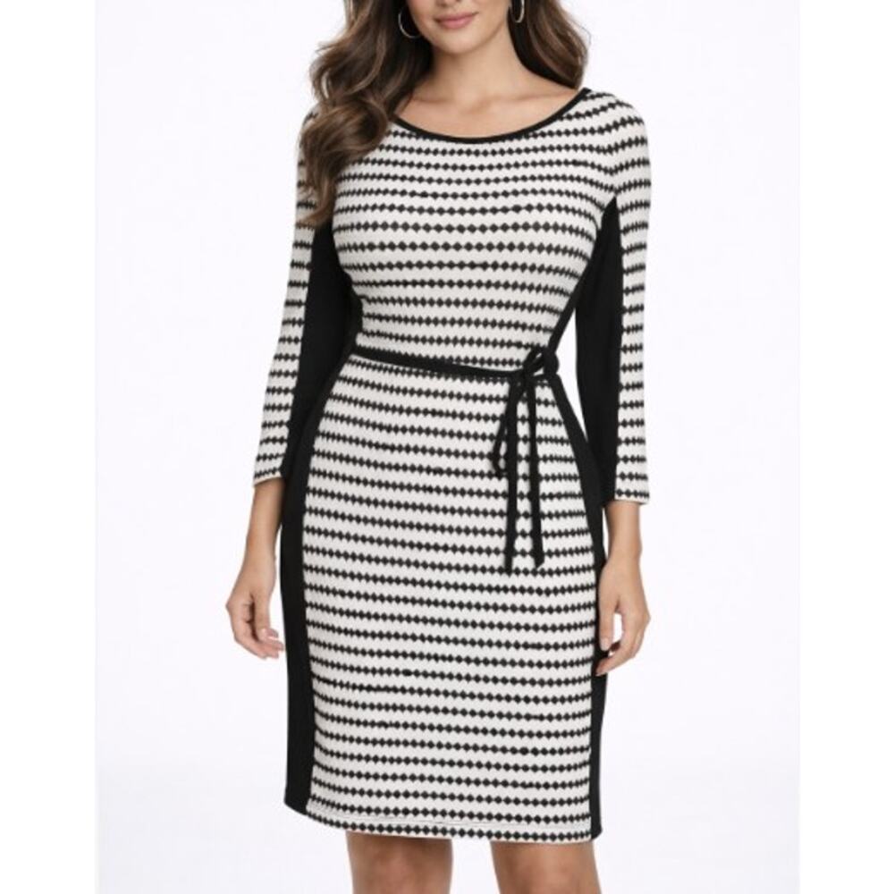Studio One Knit Dress S Black White Diamond Striped Belted Stretch Work Career